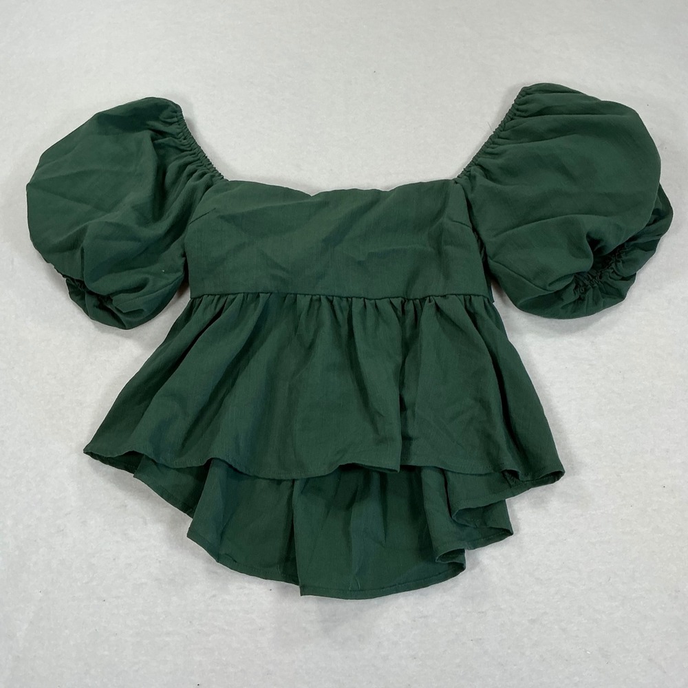 Mi Ami Dark Green Puff Sleeve Peplum Top Open Back Tie Square Neck TFD22137 M